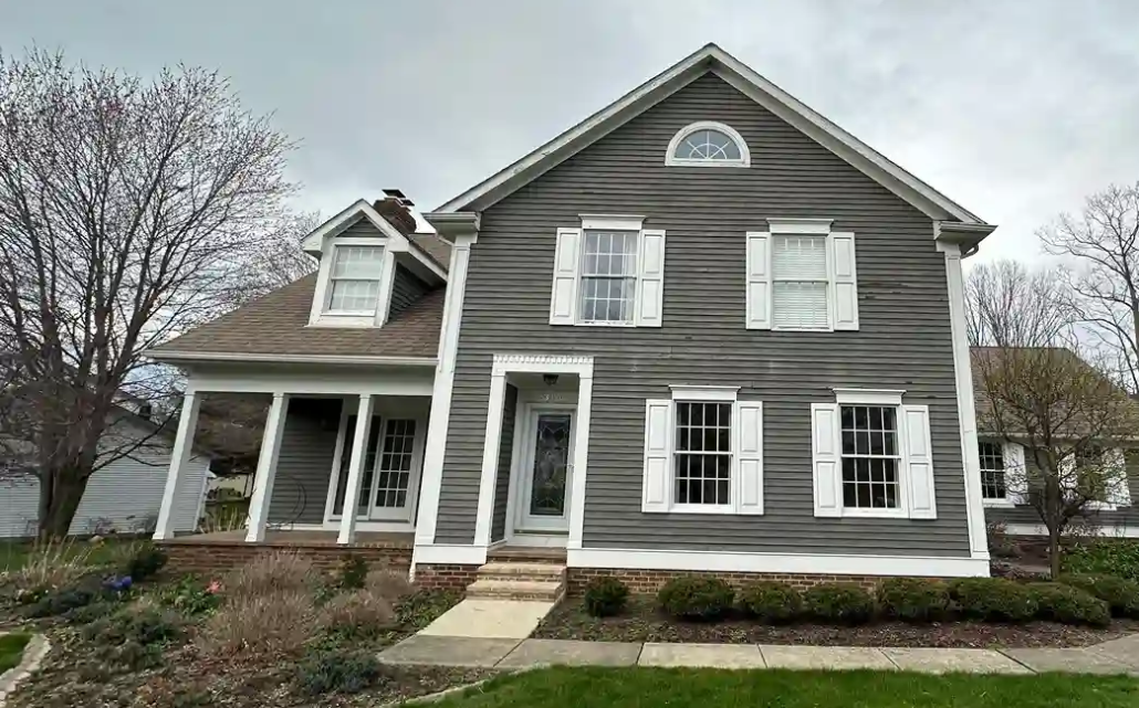 Painted Gray Home with Bright White Accents and Trim Shines in Columbiana, Ohio.